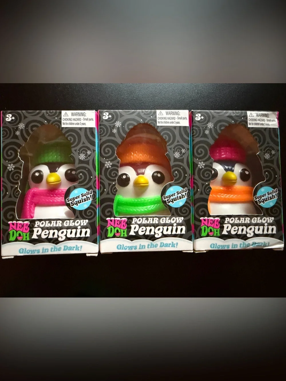 All 3 NeeDoh Schylling Squishmas Polar Glow Squishy Toy Penguin Lot Glow in Dark